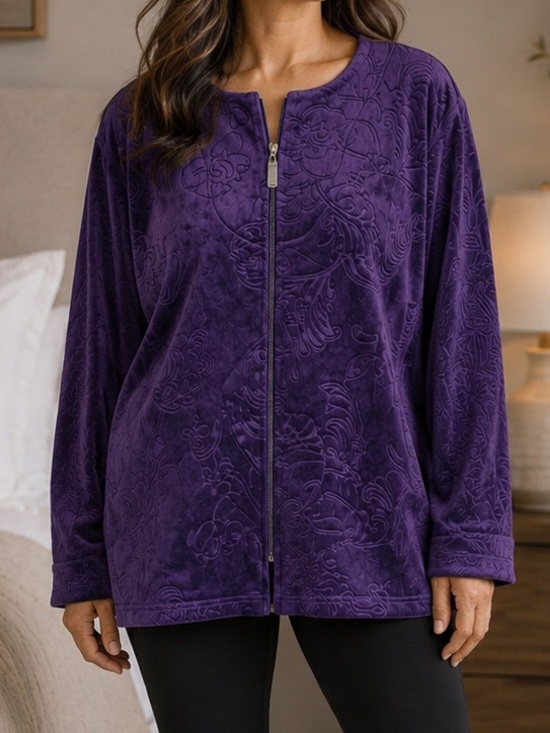 Jackets & Blazers - Miss Elaine dark purple embossed fleece zip-front lounge jacket xl